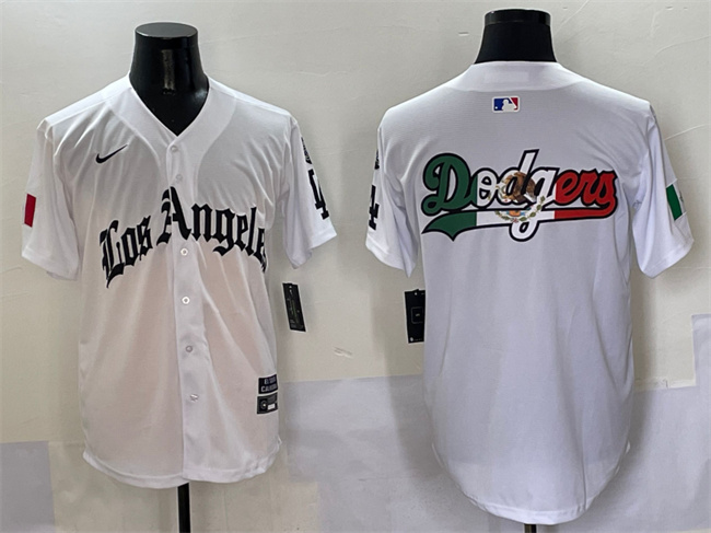 Men's White Los Angeles Dodgers Team Big Logo Mexico 2025 LA Gothic Style With Fernando Patch Vapor Premier Limited Stitched Baseball Jersey 004